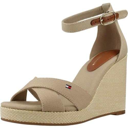 Tommy Hilfiger Sandali con Zeppa da Donna Marchio, Modello Flag High Wedge FW0FW08661, Realizzato in Cotone. Beige 40