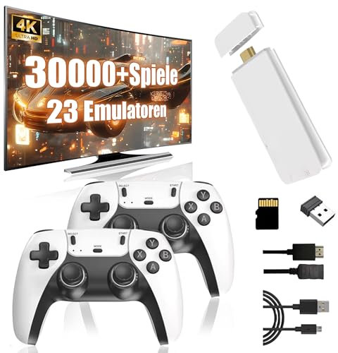 M15 Tragbare Video Emulator Spielekonsole 4k, Retro Konsole mit eingebauten 30000+ Klassische Spiele 23 Emulatoren, Plug and Play Spiel Stick für TV mit 2 x 2.4G Spiel Kontrolleure (64G)