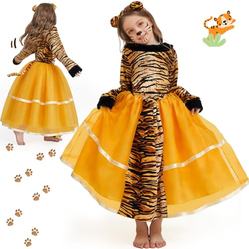LumenVela Disfraz Tigre Niña, Vestidos de Tigre Set con Orejas Diadema y Cola, Disfraz Animales Niña, Disfraces de para Carnaval Fiesta de Cosplay (XL)