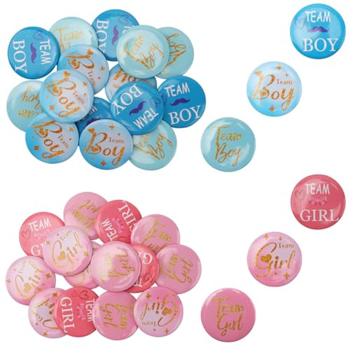 Cheynn Lot de 30 badges révélateurs de sexe - Décoration de fête de genre - 3 styles d'équipe garçon et fille - Badge rond Pinback - Pour fête prénatale, fête d'anniversaire, jeu d'équipe