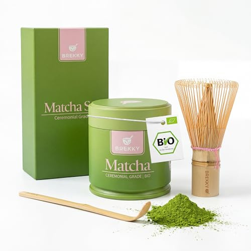BREKKY – Matcha Set - BIO Grüntee aus Japan - Pulver, Besen und Löffel in Geschenkverpackung - Ideal für Matcha Liebhaber - Ceremonial Grade