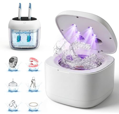 jianyana Nettoyeur Ultrasons Pour Prothèses Dentaires, 45kHz Haute Fréquence avec UV, 3 Modes Nettoyage 200ML Réservoir INOX 304, Ultrasonic Cleaner pour Gouttières de Nuit, Aligneurs, Bagues
