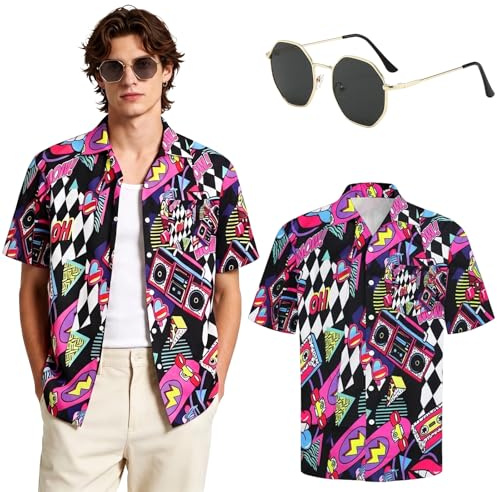 Camisas Hawaianas Hombre Años 80 y 90, Camisa Hawaiana de Manga Corta y Gafas, Disfraz Años 80 Hombre, Camisa de Manga Corta Años 80 para Vacaciones de Verano Informales, Fiestas, Carnaval