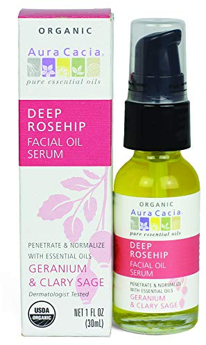 Aura Cacia Organic Deep Rosehip Facial Serum, 1-Ounce, Soothing, Moisture-Preserving Oil, Pure, Free From Synthetic Additives