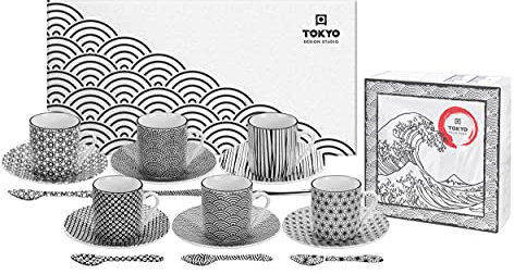 TOKYO design studio Nippon Black Espresso Set Noir et Blanc, 18 pièces, 6X Tasses à Expresso avec soucoupes et cuillères, Porcelaine Asiatique, Design Japonais, INCL. boîte Cadeau