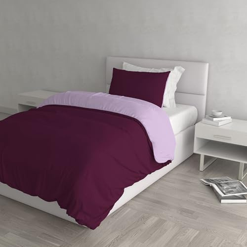 Set Copripiumino 100% Cotone Natural Color, Made in Italy - Parure Copri Piumino - Sacco Piumone 150x200 cm con Doppia Patella e Federa Cuscino, Singolo, Prugna/Lilla