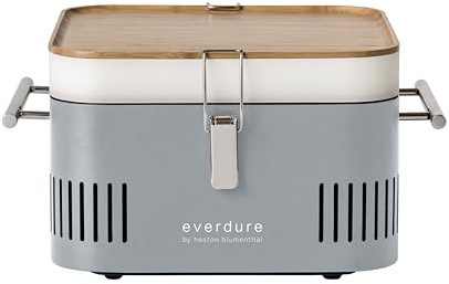 Everdure by Heston Blumenthal Cube Portable Charcoal BBQ Grill – Compact Travel Barbecue with Bamboo Tray, Chrome Rack, Porcelain Enamel Firebox & Cool Touch Handles – Outdoor Camping BBQ in Stone