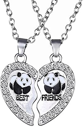 2pezzi Ciondolo a Catena da Donna in Argento con Strass per Coppia Coppie,collane di Amicizia Cuore Best Friends con Incisione Panda,Partner di Gioielli per i Migliori Amici,Amante e Regali di Coppia