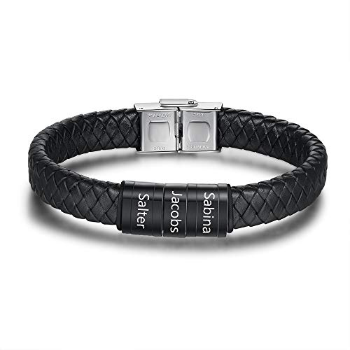 kaululu Bracciale Pelle Uomo Personalizzato in Argento con Famiglia Coppia Nomi Incisione Braccialetti Uomo con Nomi per Padre Fidanzato Migliore Amico Personalizzati Bracciali (Nero-3)
