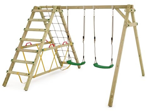 WICKEY Kinderschaukel Schaukelgestell Smart Hike grün - Schaukel & SurfSwing, Schaukelgerüst, Doppelschaukel, Holzschaukel mit Kletteranbau für Kinder im Garten