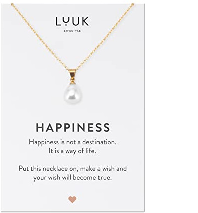 LUUK LIFESTYLE Collar con colgante de perla y tarjeta HAPPINESS, resistente al agua y de calidad, filigrana y discreto, accesorio de moda para ella, diseño moderno y actual, idea de regalo, oro