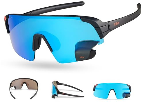 TriEye Cycling Glasses with Rear-view Mirror for Men & Women - UV-400 Sports Sunglasses Cycling Goggles - Durable and Lightweight (Revo Blue)