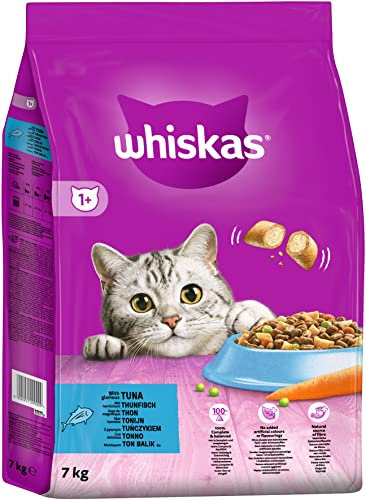 WHISKAS - 1+ Adult Dry Cat Food - 7kg - Biscuits Made with Tuna - Bulk Cat Food Bag