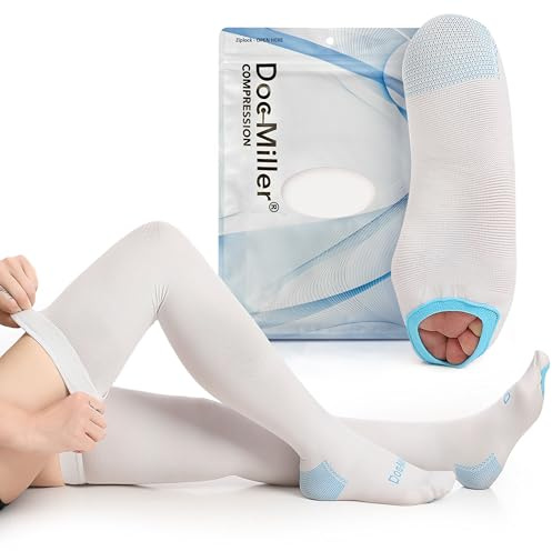 Doc Miller TED Hose Thigh High Anti Embolism Stockings for Women & Men, Hospital Style Surgical Stockings, Plus Size White Compression Socks 15-20mmHg, Support Hose with Inspection Hole Large