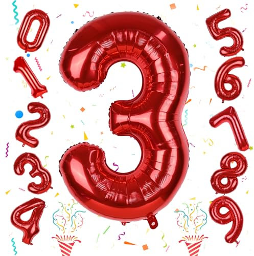 3. Geburtstag Luftballon Deko für Jungen, Große Rot Zahl Folienballon 0–9 Set, 40 Zoll Zahlen 3 Ballon für Kinder Mädchen Geburtstag Party Deko Frauen 3 Jubiläum Party Dekoration, Fliegt mit Helium