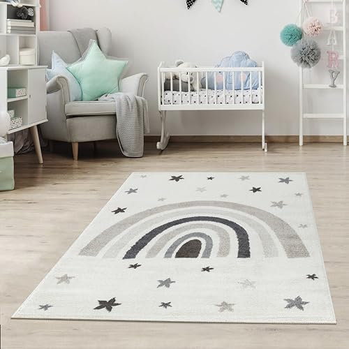 Jimri Kinderteppich DOTS l Pünktchen Gepunktet l Öko-Tex Siegel | Farbe: Beige Blau Rosa | Kinderzimmer/Jugendzimmer (Creme, 160 x 230 cm)