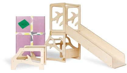 Weco Montessori Kinder Lernturm 3 in 1 Baum Design mit Rutsche und Tritthocker FSC Zertifikat Schreibtisch Montessori Möbel Küchenhelfer klappbar Stylisch Lernturm (Klarlack)