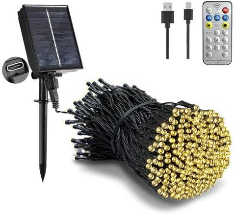 Tacobey Solar Christmas String Lights Outdoor Garden - 65Ft/20m 200 LED Solar Fairy Lights Waterproof with Remote, 8 Modes, Decorative Lighting for Garden Outdoor - Warm White