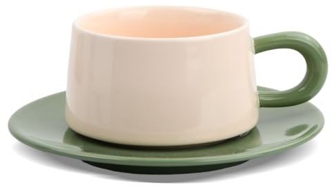 PTJJXA Conjuntos de Taza Café y Platillo, Tazas de Capuchino de Ceramica 220ml, Tazas de Cafe Espresso Porcelana con Plato para Moca, Té, Americano, Latte, Desayuno (Verde)
