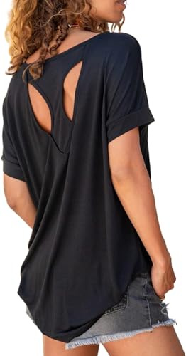 Fisoew T-Shirt Sport pour Femme, pour Fitness, à Manches Courtes, pour Yoga, légère, Gym, Sport, Noir, X-Large