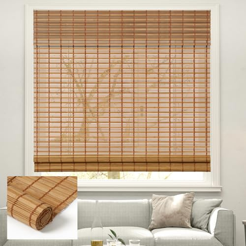 Kokorona Cordless Sheer Bamboo Roman Shades with Valance, Light Filtering Woven Bamboo Blinds for Windows, Natural Window Blinds Roll Up Shades for Home & Patio, 38 W x 64 H, Light Russet