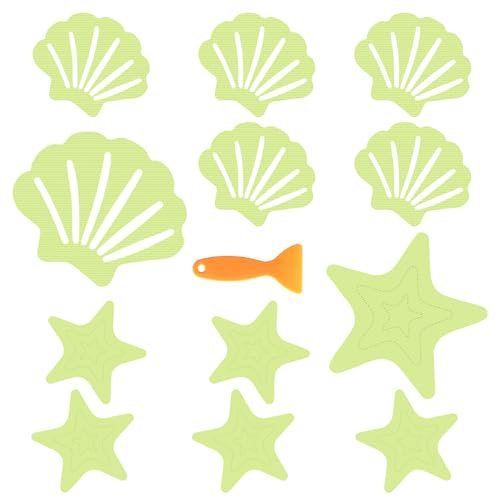TPTGIAR 12 PCS Non Slip Bath Stickers, Cartoon Star & Shell, PEVA Material, Universal Size, Fluorescent Color, Indoor Use, Anti-Slip Shower Stickers with Scraper for Bathroom, Bathtub, Pool Ladders