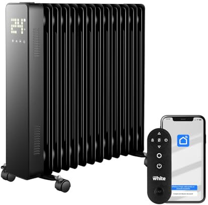 White - Radiatore Elettrico Ad Olio 13 Elementi. Stufa Elettrica A 240v. Telecomando Incluso, Funzione Touch. Display Led Luminoso. Calorifero Elettrico Con Ruote