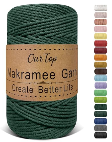 OurTop Premium makramégarn mörkgrönt, 4 mm x 160 m, makramésnöre, makramérep, garn för gör-det-själv-hantverk, vävning, dekoration, hängande växt växt hängare