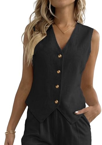 Fakanhui Linneväst för kvinnor V-ringad Button Down Affärsarbete Semester Ärmlös Blazer Väst Jacka, Svart, L