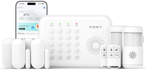 PGST 9 PCS Kit Alarme Maison Sans Fil-Système Alarme Maison Connectée 4G/WiFi + GSM & Détecteur infrarouge à Double Alimentation Kit Alarme avec App & Contrôle Vocal (Alexa/Google)Installation Facile