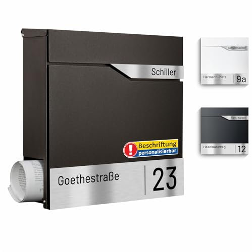 AL Briefkasten Systeme Laser-Line 1er personalisiert mit Namen + Hausnummer - Postkasten DB 703 Eisenglimmer modern mit Zeitungsfach Gravur und Absenkautomatik Wandbriefkasten Zaunbriefkasten