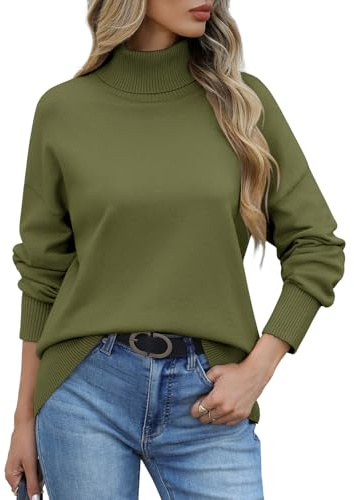 PASUDA Jersey Mujer Invierno Cuello Alto Suéter de Punto Elegante Manga Larga Jerseys Casual Cálido Pullover Otoño Basico Sólido Tops Cuello Vuelto Sueter(Verde Militar,S)