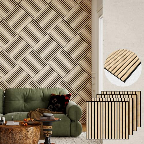 MISSDAY Wood Slat Acoustic Wall Panels, 4 Packs 23.6 x 23.6 Oak Soundproof Panel For Interior Wall Decor Noise Absorbing-3D Textured Wooden Panel Sound-Absorbing for Home, Office, Studio