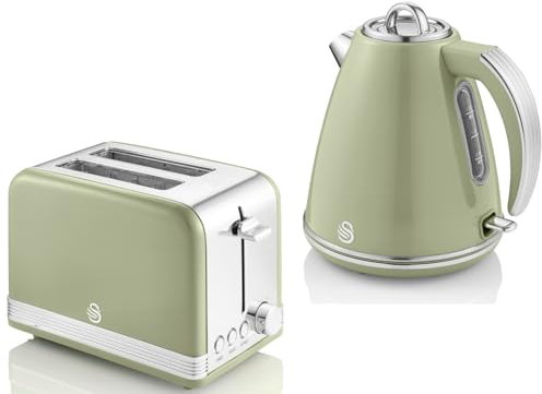 SWAN Retro Green 1.5L 3KW Jug Kettle & 2 Slice Toaster. Matching Vintage Design Kettle & Toaster Set