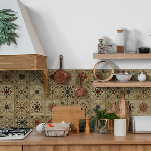 Tile Stickers for Bathroom Waterproof Red Flowers PVC Vinyl Backsplash Stick On Tiles Self Adhesive Waterproof Oilproof Home Decor for Kitchen, Living Room Fireplace Stairs