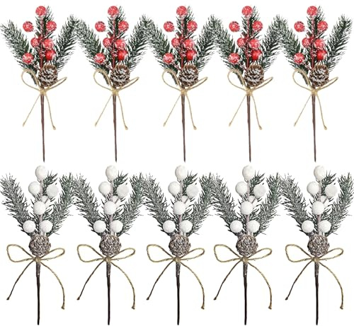 Confezione da 10 rametti di pino artificiale natalizi con aghi di pino e pigne, steli di bacche rosse e bianche, rametti di agrifoglio per decorazioni natalizie, ghirlande di Natale, decorazioni per