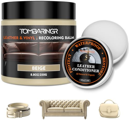TOMBARINGR Kit Riparazione Pelle Beige - 250g Crema Ricolorante e 100ml Balsamo Nutriente per Riparare Graffi, Crepe e Strappi su Divani, Sedili Auto, Scarpe e Giacche in Pelle