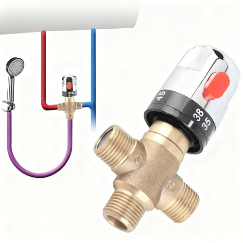 CYTGOUPER Thermostat Mischventil G1/2 aus Messing, 11,67 l/min 3 Wege Ventil Thermostatic Valve, Thermostatisches Mischventil für Duschsystem, Waschbecken, Warmwasser Kaltwasser