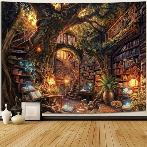 Simpkeely skogsbibliotek gobeläng, magisk träd bokhylla vägghängning, fantasi estetik väggdekoration för klassrum, vardagsrum, studentboende – 130 x 150 cm