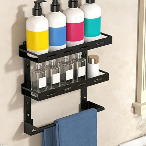HECHKJ Estanteria Baño Pared con Toallero, Multifuncional Organizador de Baño Doble Capa, Estanteria Ducha Sin Taladro Regulable en Altura, Negro Soporte Shampoo Chuveiro, para Baño, Cocina y Balcón