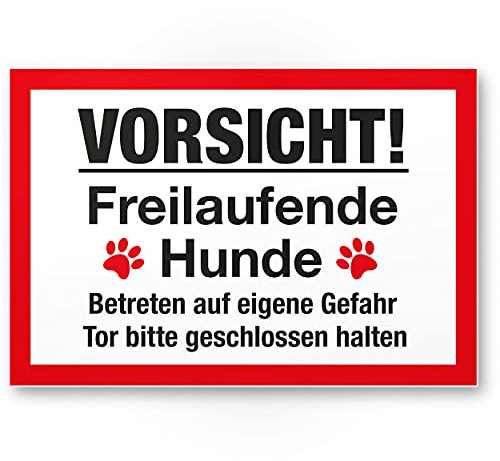 Komma Security Vorsicht freilaufende Hunde - Hunde Schild Hinweisschild Gartentor Gartenzaun - Türschild Haustüre Warnschild Abschreckung Einbruchschutz - Tor geschlossen halten