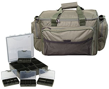 G8DS® Angelset Tackle Reisetasche + Tackle Box 4+1 Angeltasche Tackle Aufbewahrung Angelzubehör