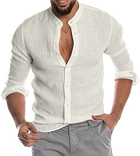 Tomwell Camisa para Hombre Manga Larga Slim Fit Camisa Lino Playa Casual para Hombre Respirable con Botones T-Shirt Verano Informal Camisa Ocio Blusa Retro Henley Camisas E Blanco XS