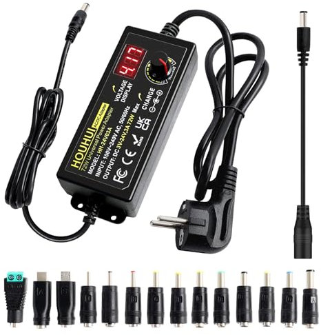HOUHUI 3A 72W Verstellbarer Netzadapter,Einstellbares Netzteil,AC DC 3-24V Adapter Schaltnetzteil mit LED Spannungsanzeige und 14 Spitzen für Universal Netzteil 3-24v,DC Motor,3A Max