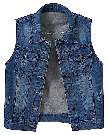 KBOPLEMQ Chaqueta vaquera para mujer y mujer, chaleco vaquero sin mangas, chaqueta vaquera con botones, cuello reversible, chaleco vaquero rasgado, corte ajustado, solapa, chaqueta de entretiempo