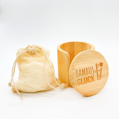 Bambusglück - waschbare Wattepads aus Baumwolle + Wattepadspender aus Bambus - 16 Wiederverwendbare wattepads mit Waschbeutel - nachhaltige Gesichtsreinigung mit Baumwoll Abschminkpads