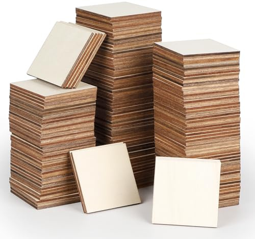 DBREAKS Pack de 150 Cuadrados de Madera Manualidades en Blanco Rodajas de Madera Natural 5cm, piezas de madera, Rebanadas de Madera para Pintar, Pirograbado, Decoración, Pintura