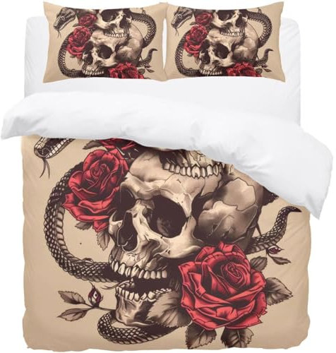 Luoweisi Skulls Snakes Rose Queen Bed Duvet Cover Set Duvet and Pillow Set Microfiber Bedding Girls Boys Men Women