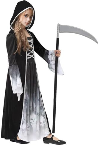 AOLIUP Halloween Costume Morte Bambina - Vestito da Mietitore Scheletro per Ragazza con falce - Costumi Grim Reaper Bambini per Halloween Carnevale Cosplay Festa (XL (10-12 anni))