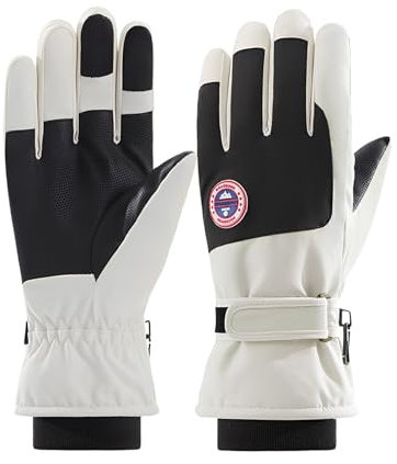 Homirty Guantes de Esquí Cálidos, Guantes de Pantalla Táctil, Guantes Nieve, Guantes de Invierno Impermeables para Hombres, Guantes Calientes Resistentes al Viento para Bicicleta Nieve (Blanco/Negro)